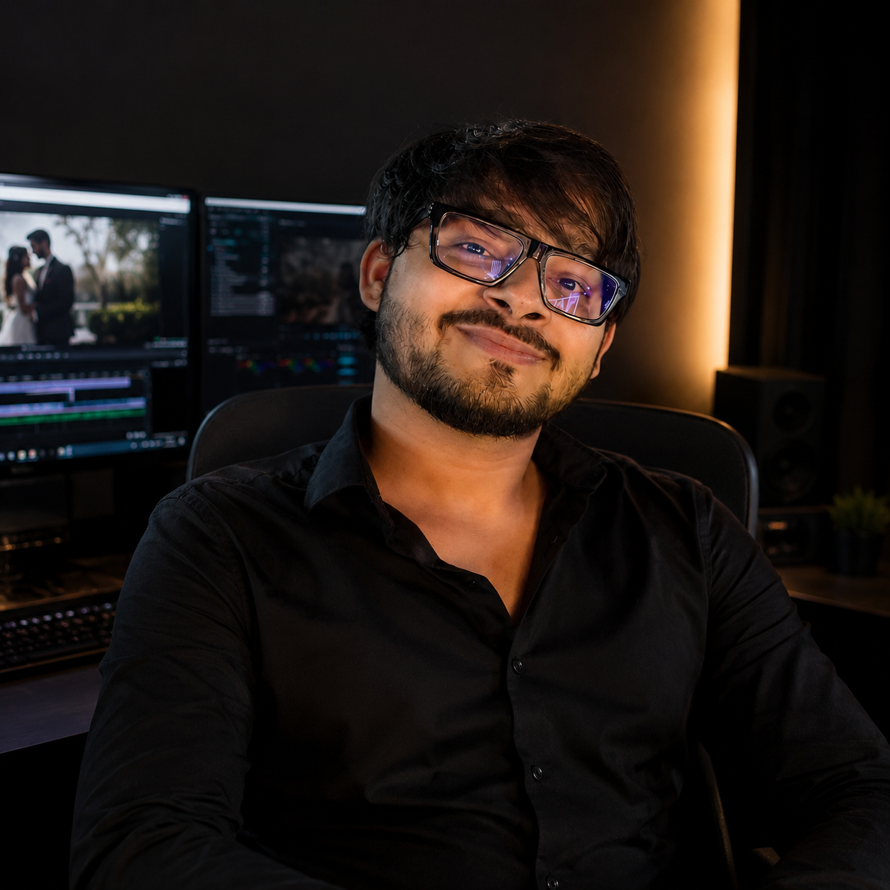 Ankush Pathak, wedding film editor, at his editing suite in a black shirt and glasses with colour-grading monitors behind him